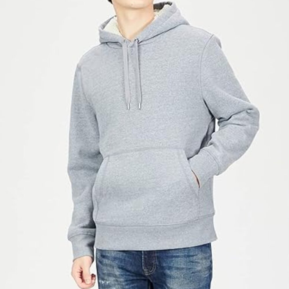Amazon Essentials Mens Sherpa-Lined Pullover Hoodie Sweatshirt Heather Grey